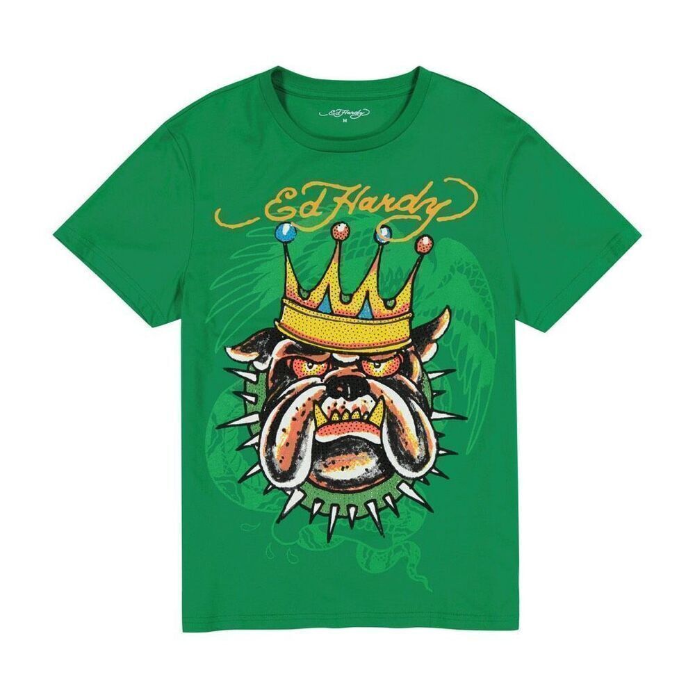 NWT Ed Hardy Rhinestone King Bulldog Green Tee Men's XL
